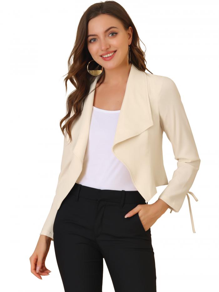 Allegra K ショート ブレザー クロップドジャケット カーディガン 前開き オフィス 事務服 レディース ベージュ S