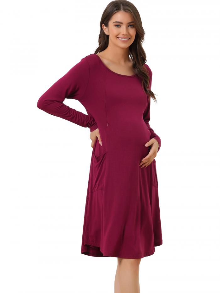 cheibear レディースマタニティドレス ポケット付き カジュアル ラウンドネック 長袖 ナイトドレス ワインレッド XS