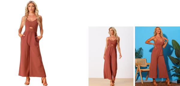 Allegra K レディース カジュアル ノースリーブ カットアウト スモック ルーズ ワイドレッグ ロンパース 夏 ジャンプスーツ ブラウン XL