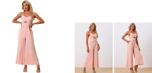 Allegra K レディース カジュアル ノースリーブ カットアウト スモック ルーズ ワイドレッグ ロンパース 夏 ジャンプスーツ ピンク XS