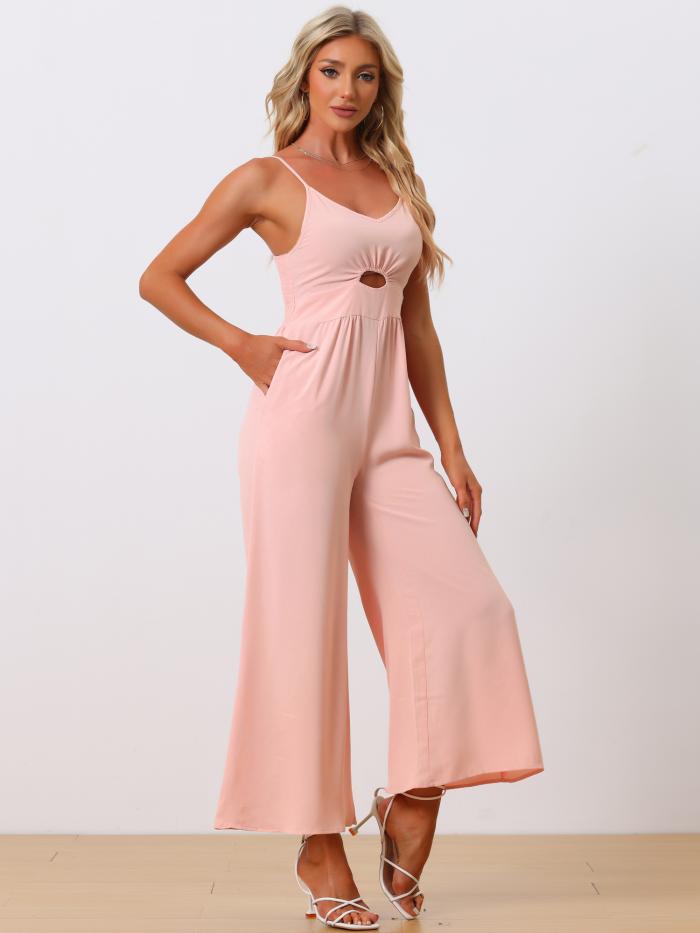 Allegra K レディース カジュアル ノースリーブ カットアウト スモック ルーズ ワイドレッグ ロンパース 夏 ジャンプスーツ ピンク XS