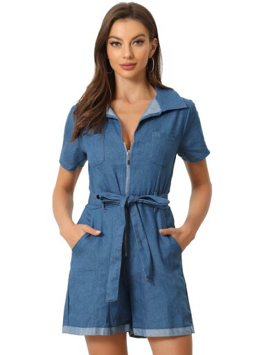 Allegra K デニム ジャンプスーツ V ネック ジップアップ 半袖 ベルト付き ジーンズ ロンパース レディース ライトブルー XL Allegra K デニム ジャンプスーツ V ネック ジップアップ 半袖 ベルト付き ジーンズ ロンパース レディース ライトブルー XL