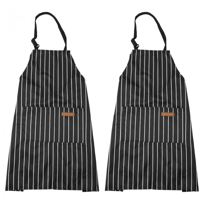 2パックのキッチン調理エプロン 75x68cm 調節可能なビブ 防水シェフエプロン 男性 女性 シェフ用 2つのポケット付き 黒ストライプのサムネイル