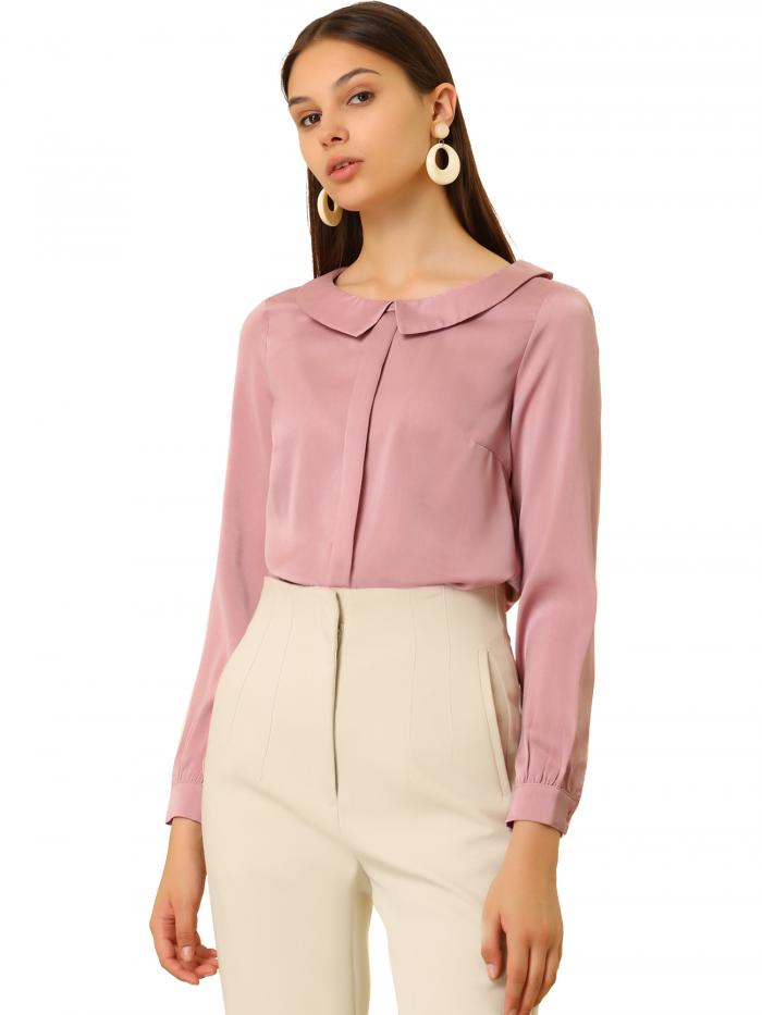 Allegra K サテンブラウス ワークシャツ 丸襟 フェイク前立て エレガント レトロ レディース ピンク XS