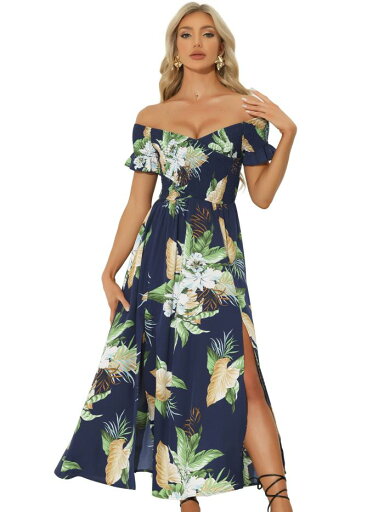 Allegra K サンドレス オフショルダー ミディ ビーチ サマー スイング 花柄 ワンピース レディース ネイビー XL Allegra K サンドレス オフショルダー ミディ ビーチ サマー スイング 花柄 ワンピース レディース ネイビー XL