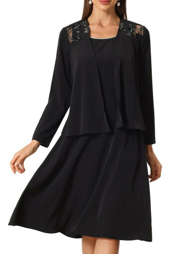 Allegra K 女性用フォーマルドレス ツーピースレースショルダージャケットドレス ワークゲストドレス ブラック XS Allegra K 女性用フォーマルドレス ツーピースレースショルダージャケットドレス ワークゲストドレス ブラック XS