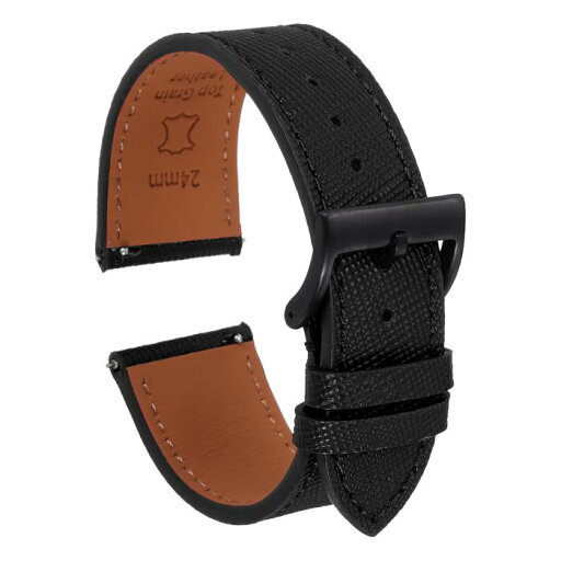 メンズ レディース 24mm クイックリリース ステンレススチール 黒 バックル 付き 純正 レザー 腕時計 バンド 交換用 ストラップ、黒 メンズ レディース 24mm クイックリリース ステンレススチール 黒 バックル 付き 純正 レザー 腕時計 バンド 交換用 ストラップ、黒