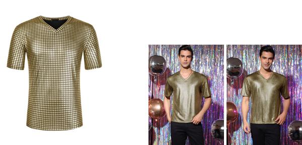 Lars Amadeus Tシャツ Vネック 半袖 スリムフィット パーティー ディスコ クラブ メタリックシャイニーナイト メンズ ゴールデンチェック柄 XL