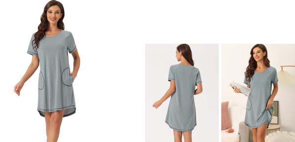 cheibear レディース パジャマ ドレス ポケット付き ラウンドネック 半袖 ラウンジ ナイトガウン グレー M