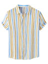 Lars Amadeus アロハシャツ ハワイアンシャツ ストライプシャツ ボタンダウン 半袖 夏用 メンズ ブルーイエロー M