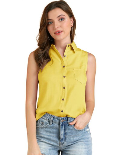 Allegra K シャツ レディース シングルブレスト ポイントカラー ノースリーブ デニム イエロー S Allegra K シャツ レディース シングルブレスト ポイントカラー ノースリーブ デニム イエロー S