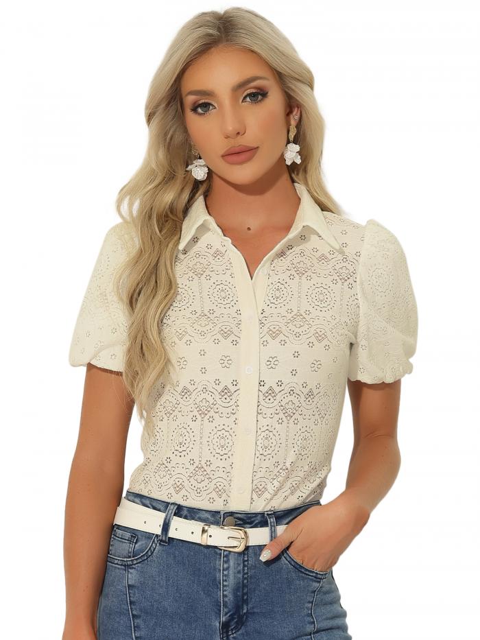 Allegra K レーストップス レディース 半袖 ボタンダウン レース アイレット ブラウス ベージュ XS