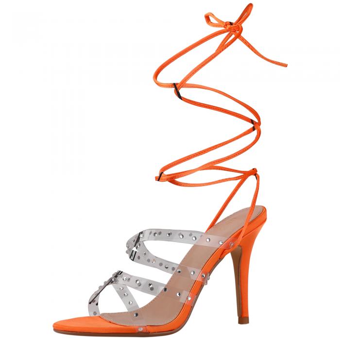 Allegra K 女性のサテン ラインストーン クリア ストラップ ストラップ レースアップ スティレット ヒール サンダル オレンジ 24.5 cm