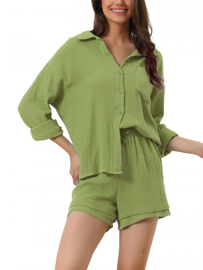 cheibear Womens Sleepwear Button Down Long Sleeve Shirt with Shorts Casual Lounge Sets ライトグリーン S