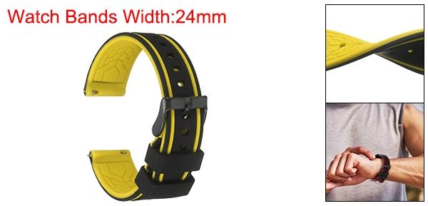 シリコーンウォッチバンド24mm幅ソフトクイックリリースラバーウォッチバンド、クッション黒バックル付き、男性女性用、黒イエロー