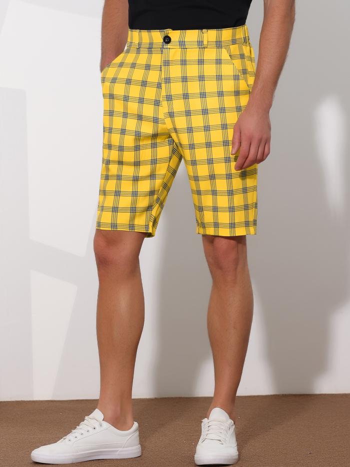 Lars Amadeus チェック柄ショーツ フラットフロント カラーブロックチェックショーツ ポケット付き メンズ イエロー 34