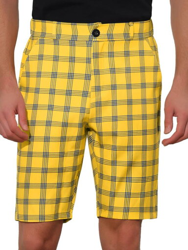 Lars Amadeus チェック柄ショーツ フラットフロント カラーブロックチェックショーツ ポケット付き メンズ イエロー 34 Lars Amadeus チェック柄ショーツ フラットフロント カラーブロックチェックショーツ ポケット付き メンズ イエロー 34