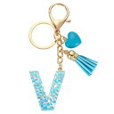 イニシャルレターキーチェーン レジン製かわいいハートタッセルペンダントアクセサリー アルファベットキーリング 財布 ハンドバッグ バックパック用 ブルー-V