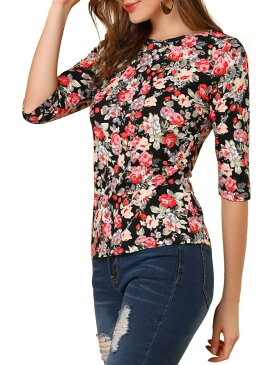 ソウテン Allegra K ボーダー tシャツ トップス ストライプ 横縞 七分袖 丸首 カジュアル レディース ブラック 花柄 XL