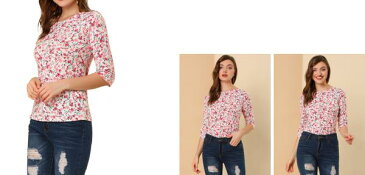 ソウテン Allegra K ボーダー tシャツ トップス ストライプ 横縞 七分袖 丸首 カジュアル レディース ホワイト 花柄 L