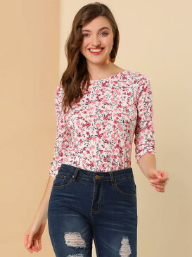 ソウテン Allegra K ボーダー tシャツ トップス ストライプ 横縞 七分袖 丸首 カジュアル レディース ホワイト 花柄 L