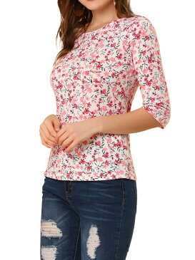 ソウテン Allegra K ボーダー tシャツ トップス ストライプ 横縞 七分袖 丸首 カジュアル レディース ホワイト 花柄 L