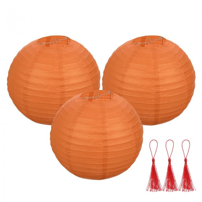 3個 オレンジ色 丸い和紙ランタン12" 中国 和紙ランタンパーティー装飾 装飾用つりランタン タッセル付..