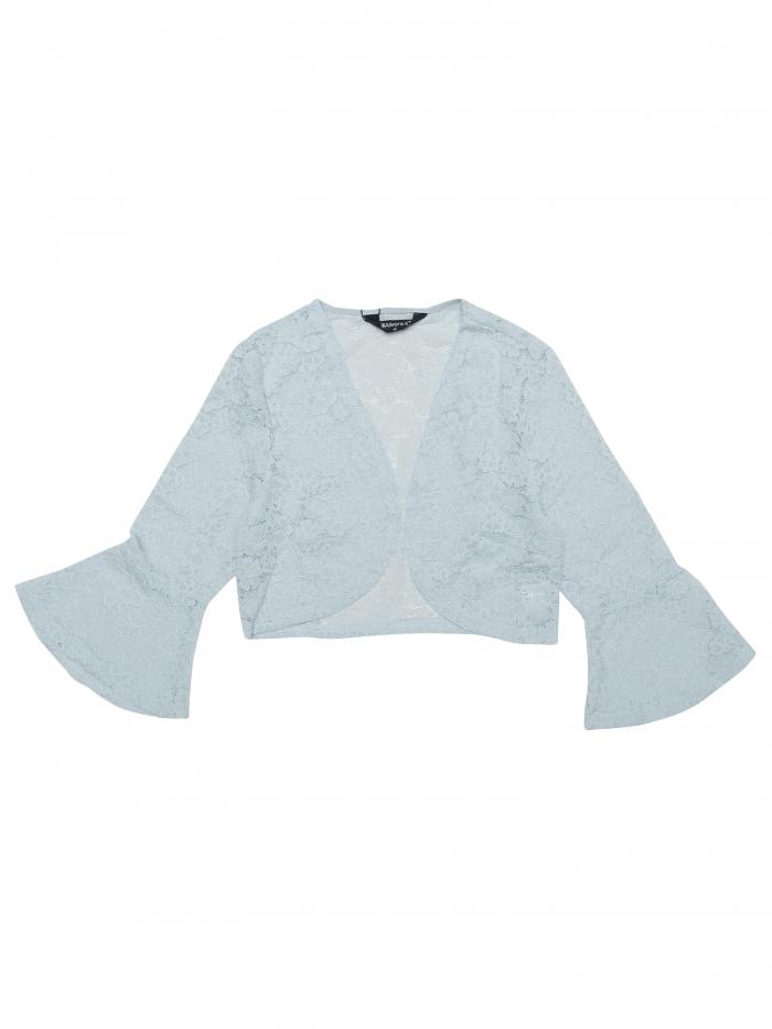 Allegra K レース カーディガン 花柄 クロップドシュラグトップス ボレロ ベルスリーブ オープンフロント エレガント レディース ライトブルー M