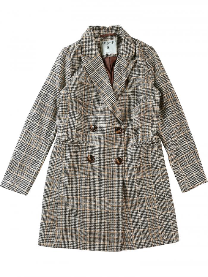 Allegra K チェックコート ロングブレザー ノッチドラペル ダブルブレスト ポケット付き レディース ブラウン L