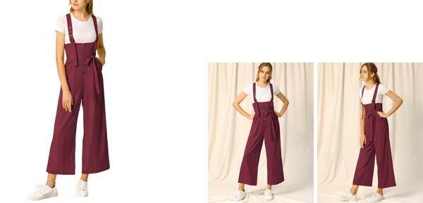 Allegra K サロペットパンツ ハイウエスト オーバーオール 前ボタン ワイドパンツ レディース ワインレッド XL