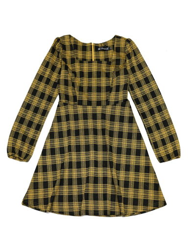 Allegra K チェックワンピース ドレス ミニ丈 スクエアネック レトロ 秋 レディース ブラックイエロー M Allegra K チェックワンピース ドレス ミニ丈 スクエアネック レトロ 秋 レディース ブラックイエロー M