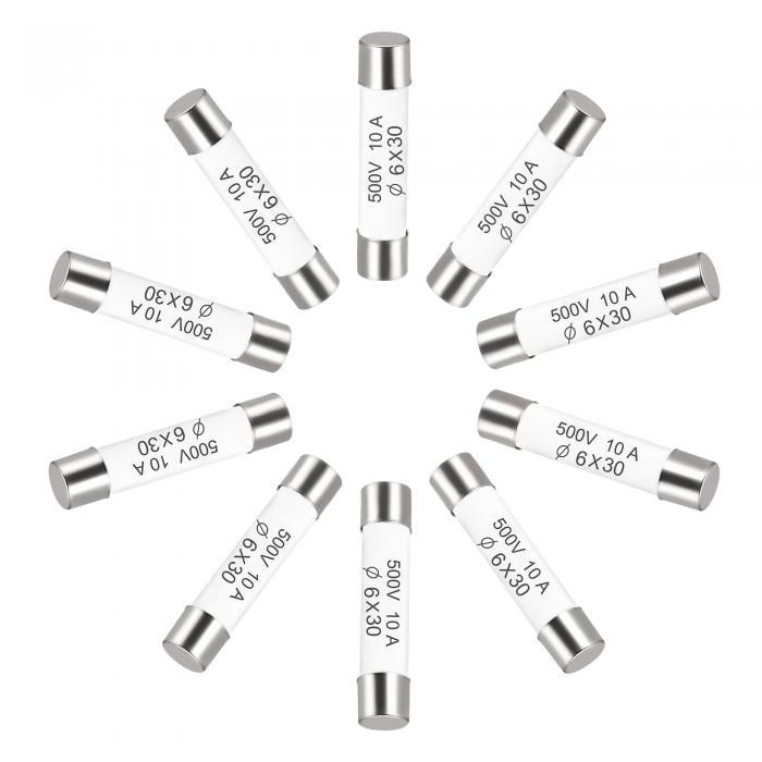 商品詳細 特徴 【属性1】定格電圧：500ボルト; 定格電流：10アンペア【属性2】合計サイズ：6mmx30mm（L * D）;材質：セラミックチューブ、ニッケルメッキ真ちゅう製エンドキャップ【属性3】即効性のある設計により、電気システムのコンポーネントと配線が保護されます。【属性4】主に過負荷や短絡から電気回路を保護するために使用されますが、半導体オブジェクトを保護するためにも使用されます。【属性5】注：交換する前に電源を切ってください。購入する前に、ヒューズの元のサイズを確認してください：本体の直径、本体の長さ、定格電流、定格電圧。【商品説明】特徴:即効性のある設計により、電気システムのコンポーネントと配線が保護されます。主に過負荷や短絡から電気回路を保護するために使用されますが、半導体オブジェクトを保護するためにも使用されます。注意:1.交換する前に電源を切ってください。2.購入する前に、ヒューズの元のサイズを確認してください：本体の直径、本体の長さ、定格電流、定格電圧。仕様:材質：セラミックチューブ、ニッケルメッキ真ちゅうエンドキャップ定格電圧：500ボルト定格電流：10アンペア直径: 6mm長さ: 30mmパッケージの内容:10 x 交換用ヒューズ 注意書き ■商品の色及びサイズは、撮影状況やPC環境により多少異なって見える場合がございます。 ■サイズは目安です。商品により若干の誤差がございます。 ■メーカーの都合により、商品細部のデザインや素材が予告無く変更される場合がございます。