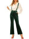 Allegra K ジャンプスーツパンツ オーバーオール ベルベット 水玉 ハイウエスト ベルトワイドパンツ ボタン レディース グリーン XL(4)