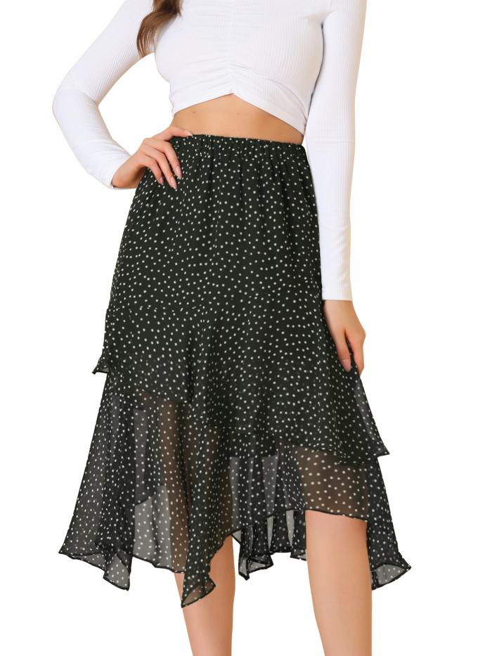 Allegra K Aラインシフォンスカート ティアード ウェストゴム 無地 レディース ブラック S