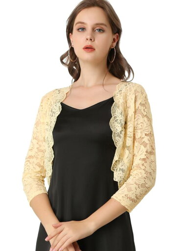Allegra K シアー 花柄 レース ボレロ シュラグ トップス 七分袖 前開き エレガント レディース ベージュ S Allegra K シアー 花柄 レース ボレロ シュラグ トップス 七分袖 前開き エレガント レディース ベージュ S