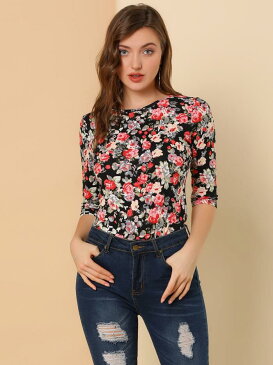 ソウテン Allegra K ボーダー tシャツ トップス ストライプ 横縞 七分袖 丸首 カジュアル レディース ブラック 花柄 M