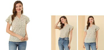 ソウテン Allegra K 花柄 ブラウス Vネック ボタンダウン キャップスリーブ カジュアル レディース イエロー S