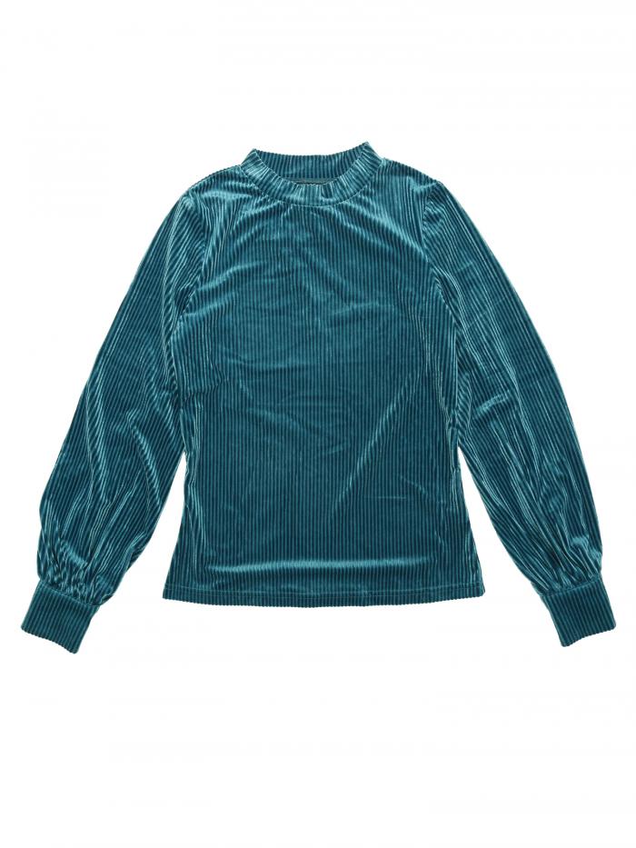 Allegra K ブラウス リブベロア トップス エレガントクルーネック パフロングスリーブ ベルベットレディース ピーコックブルー M