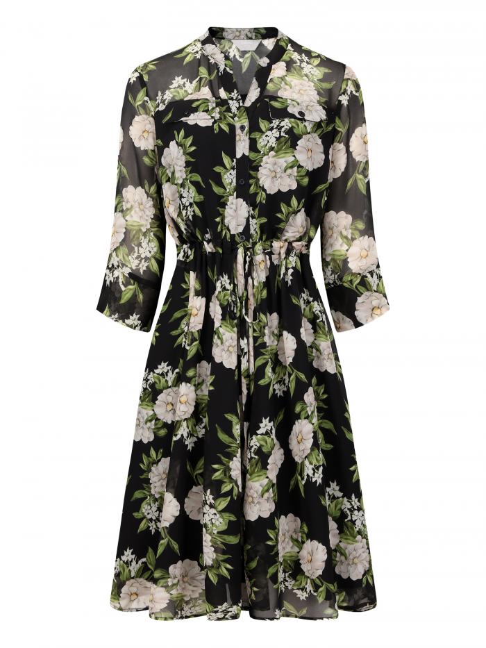 Hobemty 花柄ワンピース フレアドレス シフォン 五分袖 タイウエスト ボタンダウン レディース ブラック S