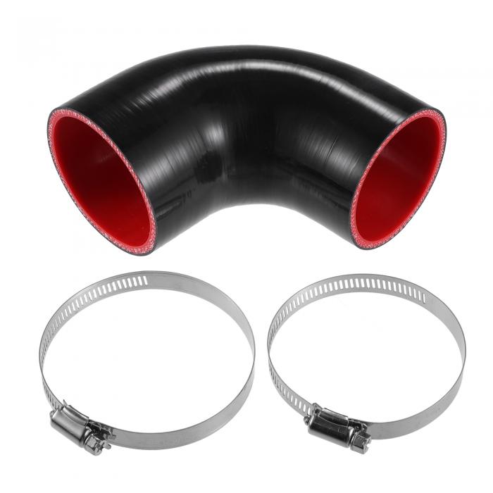 シリコンホース 90度エルボカプラー 4層 クランプ2個付き 内径70 mm-76 mm 黒い レッド 1セット