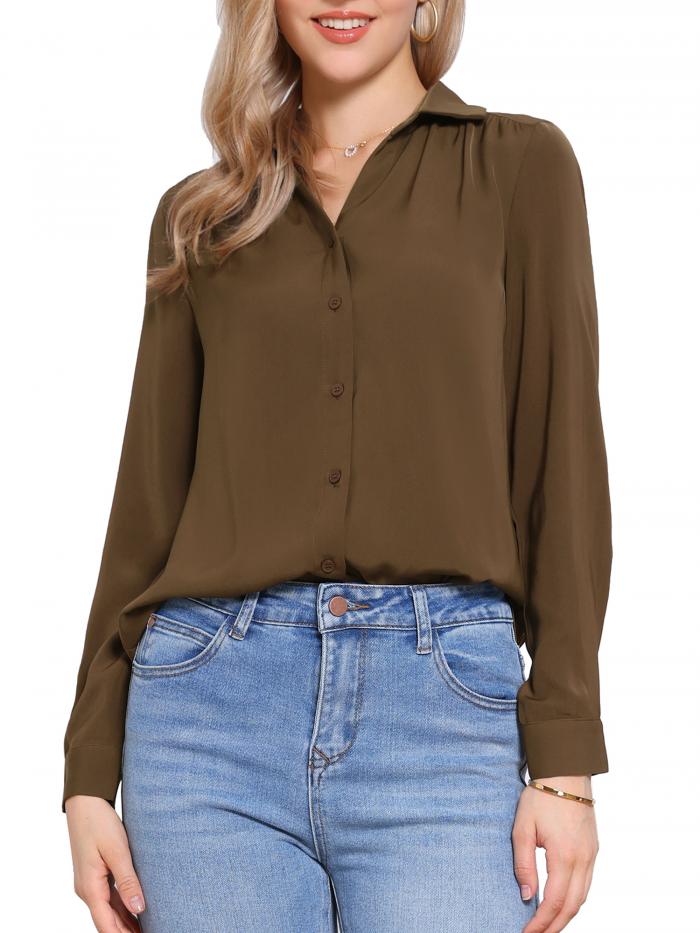 Allegra K レディース ボタンダウンカラーシャツ 長袖 ビジネスカジュアル ブラウス トップス ブラウン S