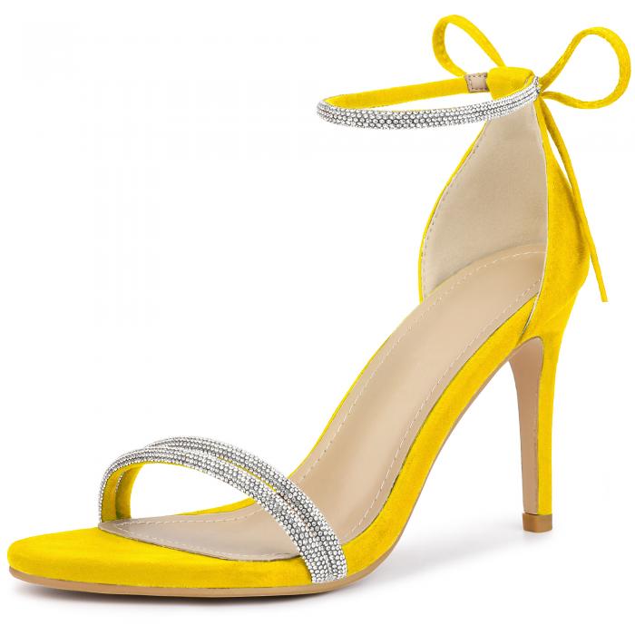 Perphy ピンヒールサンダル ラウンドトゥ ラインストーン アンクルネクタイ ファッション レディース イエロー 26.0cm