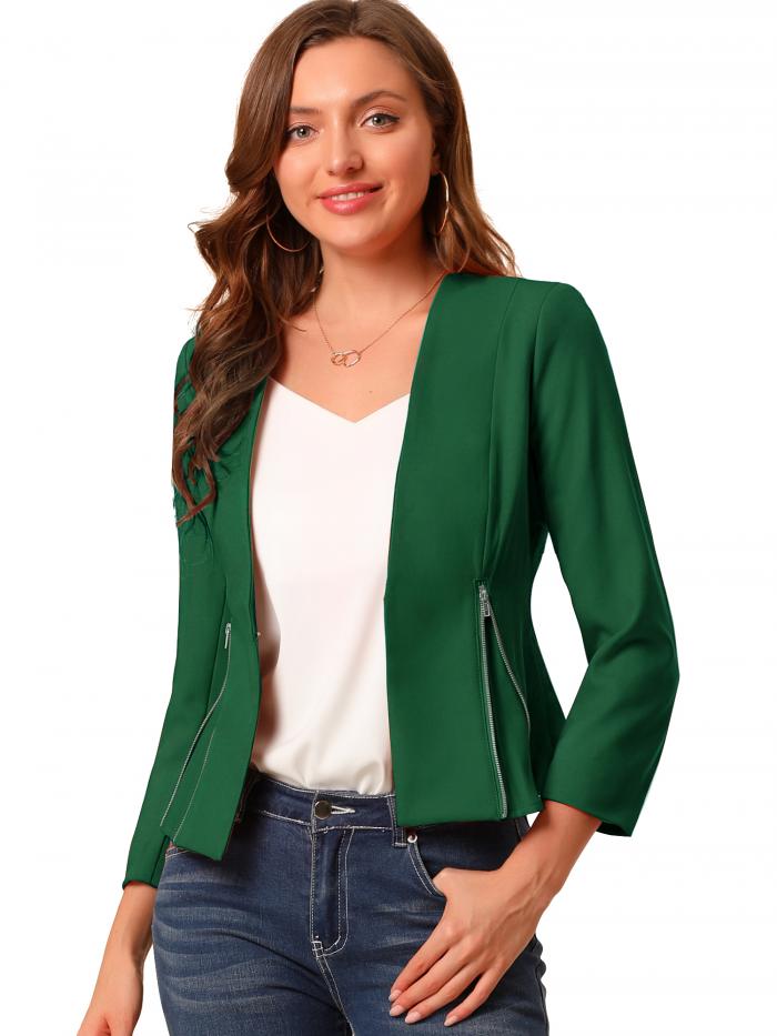 Allegra K クロップド ブレザー ノーカラージャケット 前開き オフィス 事務服 ジッパー レディース グリーン S