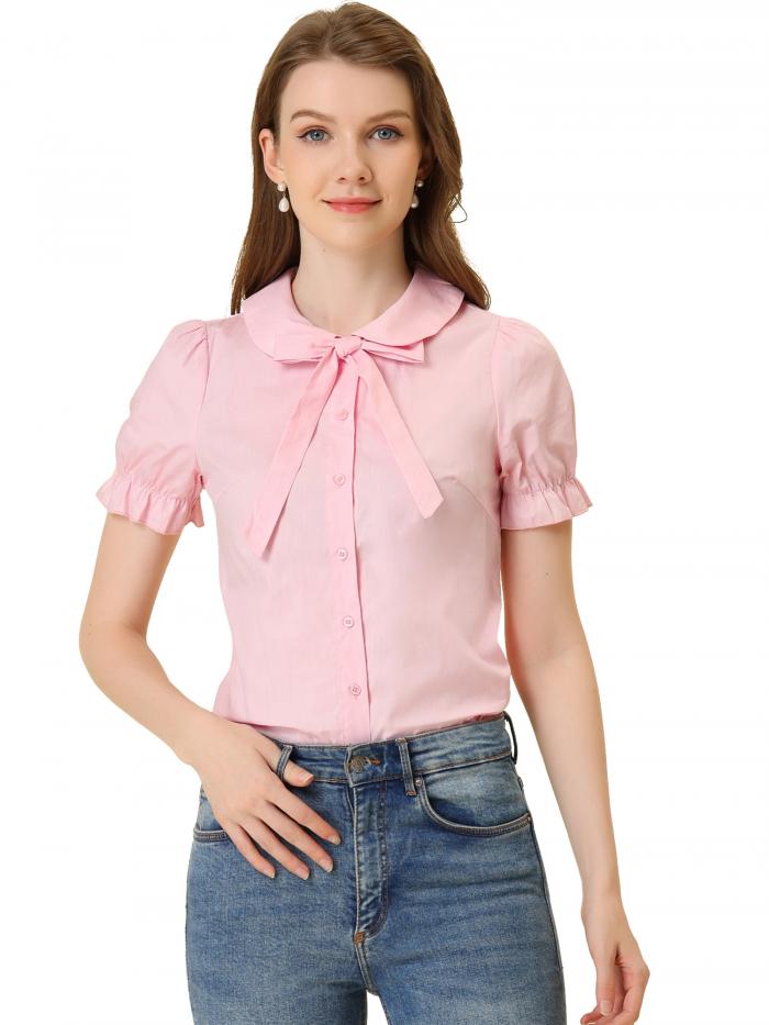 Allegra K 丸襟 ブラウス ボウタイネック シャツ コットン 通勤 トップス パフスリーブ ボタンダウン レディース ピンク XL