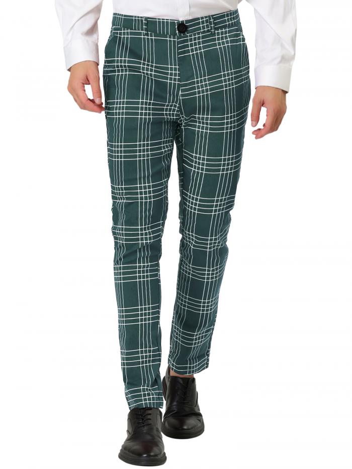Lars Amadeus ビジネスパンツ チェック柄パンツ ペンシルパンツ フォーマル スリムフィット メンズ グリーン 36(4)