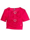 Allegra K パーティー グリッター シャイニーTシャツ 半袖 ハート カットアウト クロップトップス ブラウス レディース レッド S(4)
