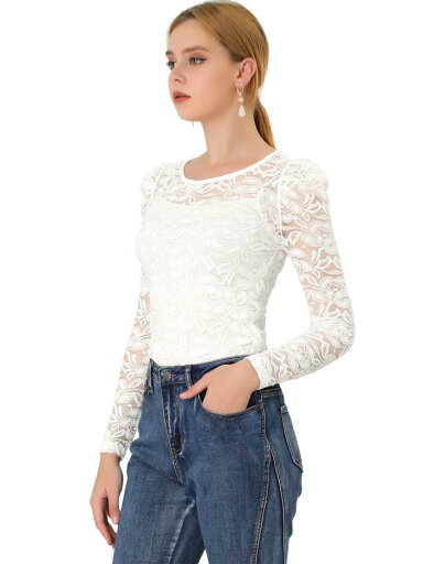 Allegra K ブラウス シースルー 総レース パフスリーブ 長袖 シャツ オフィス トップス 着痩せ エレガント ゴージャス レディース ホワイト 3XL Allegra K ブラウス シースルー 総レース パフスリーブ 長袖 シャツ オフィス トップス 着痩せ エレガント ゴージャス レディース ホワイト 3XL