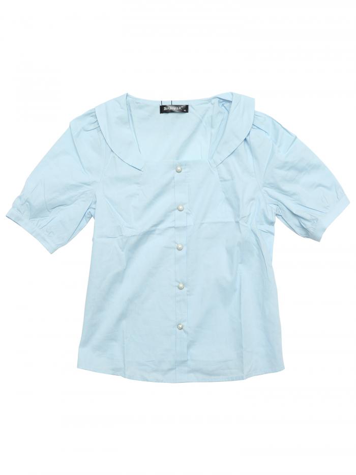 Allegra K ブラウストップス パフスリーブシャツ ピーターパンカラー スクエアネック ボタン 半袖 コットン レディース ライトブルー S