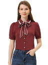 Allegra K ボウタイ シャツ ブラウス コントラスト パフスリーブ 半袖 ボタン留め ネクタイネック レディース ワインレッド S