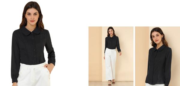 Allegra K ブラウス レディース 長袖 シフオンブラウス 丸襟 可愛い シャツ オフィス カジュアル トップス 着痩せ おしゃれ 通勤 OL 黒 XL